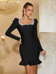 新款女士黑色性感亮片水钻绷带中长裙优雅婚礼假日派对正式晚宴女装 - 黑色 - 查看 4