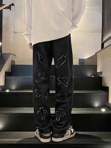 Pantalones vaqueros holgados para hombre con bordado de relámpago y patrón de cruz desgastado. - Negro - Ver 4