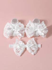 1 Conjunto Meias e Faixa de Cabeça para Bebês Recém-Nascidos, Faixa de Cabeça com Laço de Renda e 1 Par de Meias Antiderrapantes para Crianças Pequenas