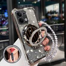 Nuevo estuche antichoque de 4 esquinas para teléfono + cuerda colgante con perlas rosas brillantes + espejo de maquillaje circular rosa brillante con soporte magnético integrado compatible con iPhone 6/7/8/X/XS/XR/11/12/13/14/15/16, Galaxy S22/23/24, A04/05/06/A14/A15/A16/A24/A25/A34, Redmi Note 7/8/9/10/11/12/13, Redmi 9/10/12/13C, OPPO, MOTO, Honor X, HW, Realme C53 C55