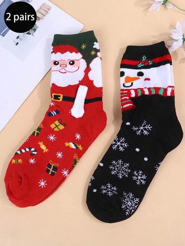 2 Pairs Christmas Socks, Snowman & Santa Claus Cartoon Design Mid-Calf Socks, European & American New Year Christmas Stockings