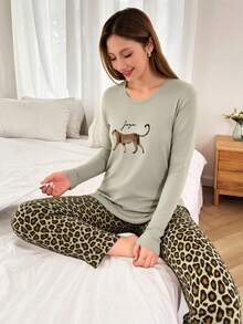 Mirano Slogan Print Short Sleeve Top & Cherry Pattern Long Pants Pajama Set - Grey - View 3