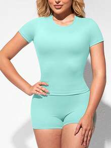 Two Piece Set Of Women's Solid Color Round Neck T-Shirt+High Waisted Cycling Shorts Sports Suit, Lapel Short Sleeved T-Shirt+Tight Shorts, Gym Clothing, Women's Sportswear, Indoor And Outdoor Casual Sportswear, Fitness Clothing, Workspace Clothing, Sportswear - Baby Blue - View 3