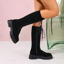 Botas altas de mujer de talla grande de unicolor 2025, botas de montar con cremallera lateral, cordones y suela gruesa que aumentan la altura, elegantes y delgadas