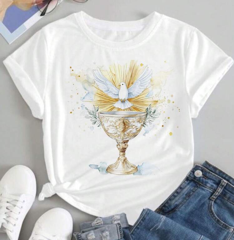 Blusa  camiseta t shirt feminina POMBA CALICE DOURADO ESPIRITO SANTO santissimo sacramento cristã católica, blusinha gospel religiosa plus size - Branco - Visão 1