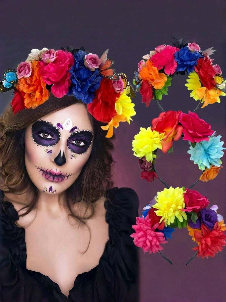 1pc/2pcs/4pcs Floral Print Halloween Butterfly Party Bohemian Polyester Colorful Flower Headband, Butterfly Hair Accessories, Party Headpiece, Day Of The Dead Headband, Suitable For All Seasons