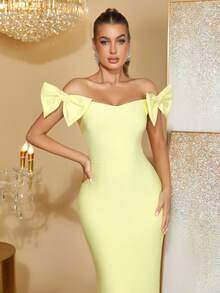 新款女士黄色性感露肩无袖露背蝴蝶结装饰长款绷带连衣裙，优雅女士婚礼伴娘礼服，节日派对正式晚宴礼服 - 黃色 - 查看 7