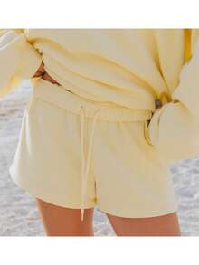 Women Athletic Shorts Loose Fit Solid Color Drawstring Sweatshorts For Yoga Running - Yellow - View 1