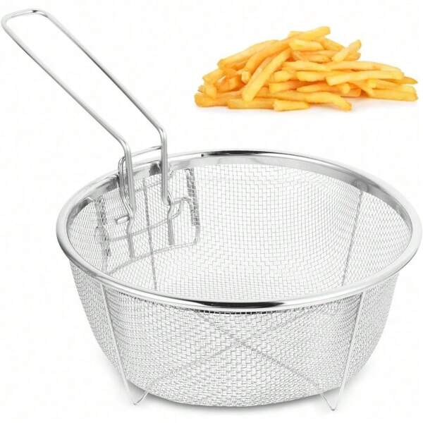 Stainless Steel Fry Basket With Folding Handle, Round Frying Basket For Deep Fryer, Multi-Purpose Frying Basket For Food Serving And Cooking, Send Goods From Local Warehouse