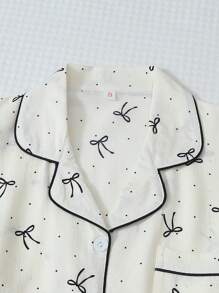 2pcs Women Polka Dot Bowknot Sleepwear Set, Long Sleeve Button Collar Top And Pants, Casual Loungewear For Home Use, Autumn/Winter, Fall Clothes