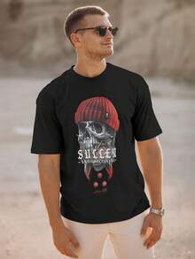 Sullen Art Collective Graphic T-Shirt For Men - Urban Style With Skull And Red Hat, Loose Fit In Heavy Cotton For Concerts, Festivals And Casual Wear - Printed And Shipped From The USAUU., Autumn And Winter Clothing, Medium Elastic Fabric, Durable Material, Streetwear Fashion, Urban Style - 黑色 - 查看 6