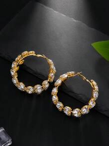 2pcs Fashionable Exaggerated Geometric Hoop Earrings, Rhinestone Decorated Earrings For Women, Stylish Runway Accessories