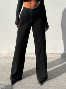 Women's High Waist Wide Leg Jeans, Solid Color Contrast, Casual - Black - View 4