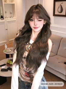 28" Cool Tone Brown Retro Egg Roll Curls Wig With Bangs- Voluminous Long Barrel Waves Synthetic Hair For Party Cosplay Daily Wear& All Skin Tones. - Brown - View 4