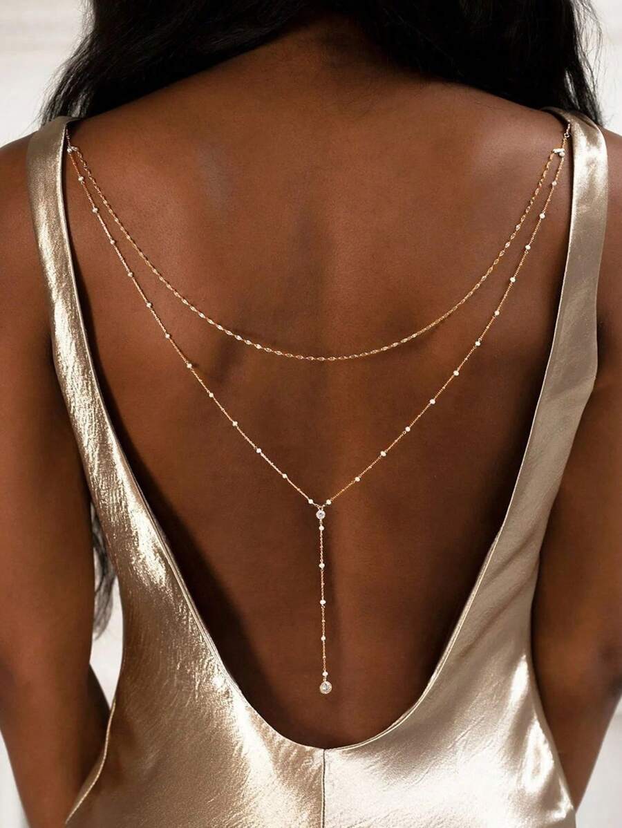 1pc Silver Double Layer Pendant Back Chain, Bridal Dress Body Jewelry Accessory