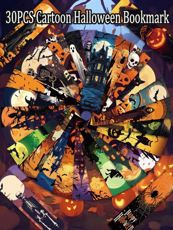 30PCS Cartoon Halloween Scene Creative Bookmark Pumpkin Castle Black Cat Skull Spider Wizard Reading Paper Book Page Marking Decoration Homecoming Season Gift Card Bookmark