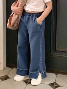 DAZY 年轻女孩松紧腰口袋阔腿宽松休闲百搭牛仔裤 - 深色水洗藍 - 查看 2