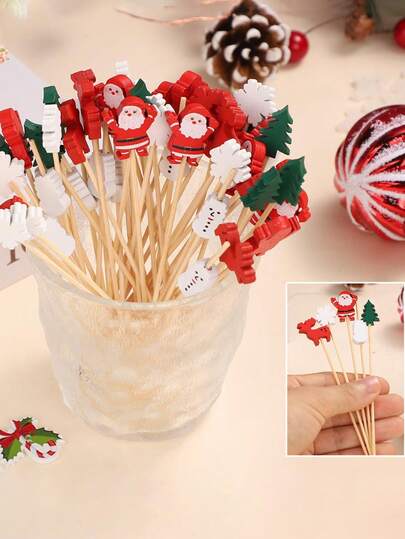 50 件圣诞竹签、圣诞装饰圣诞树雪人雪花圣诞老人鸡尾酒签、蛋糕竹签、水果、鸡尾酒装饰、圣诞节水果签、餐厅、甜品店、鸡尾酒配件、酒吧配件、圣诞主题派对用品。