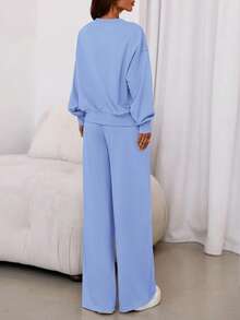 Womens 2 Piece Sets Long Sleeve Sweatshirt Wide Leg Pants Loose Matching Lounge Set  Fall Outfits - Blue - View 3