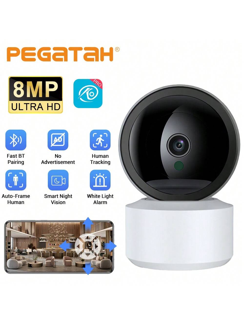 كاميرا منزلية ذكية داخلية بدقة 8 ميجابكسل وتقنية واي فاي، كاميرا أمان للمراقبة والأطفال بتصوير ليلي