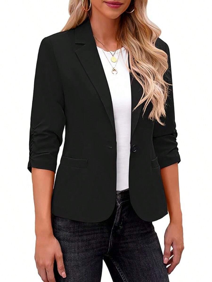 Women's 3/4 Sleeve Blazers, Dressy Suit Jackets Business Casual Work Outfits ELQS - 黑色 - 查看 1