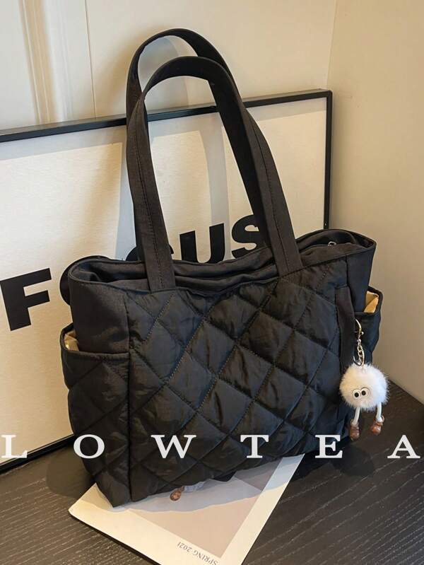 New Fashion Large Capacity Quilted Diamond Design Double Handle Shoulder Tote Bag, Lightweight And Portable, Women's Wallet, Suitable For Outdoor Travel In Summer, Decorated With Animal Pendants, Travel Essential Backpack, Tote Bags For School,College Essentials