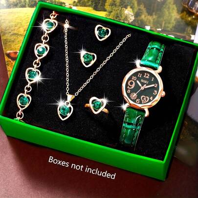 SOKI SOKI 1 Set Women's Fashion Casual Quartz Watch With Peach-Shaped Dial, Matching Heart-Shaped Necklace, Earrings, Bracelet And Ring Jewelry Set, Suitable For Daily Wear, Birthday Gift, Party, Holiday Gathering, Ideal Gift For Yourself Or Friends. No Packaging Box Included.