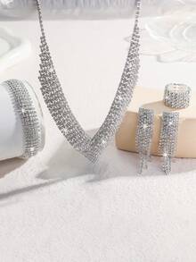 Ensemble de bijoux de mariée, boucles d'oreilles à franges brillants en cristal, collier élégant, bracelet et bague, convient pour le mariage, la fête, le banquet, le bal - Argent - Voir 4