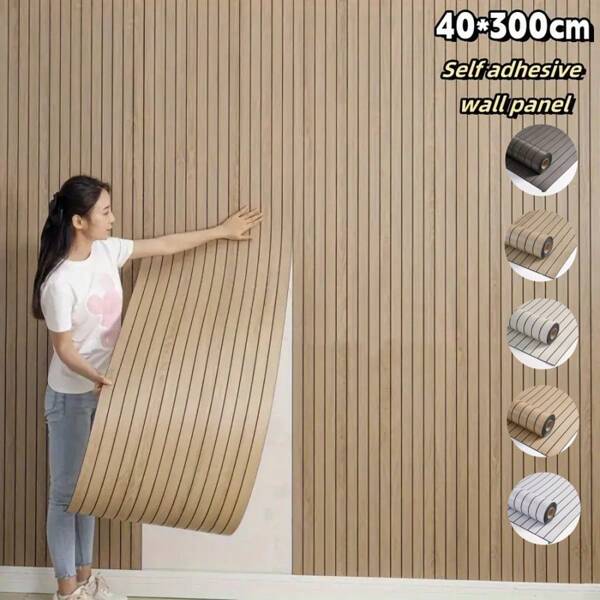 1 Roll Self-Adhesive Wood Grain 3D Grid Wall Panels, SXP Peel And Stick Wallpaper, Slotted 3D Wallpaper, Suitable For Ceiling, TV Backdrop, Partition Wall, Curved Wall, Various Indoor Decorative Wallpaper, Vinyl Wall Sticker, 15.75x118 Inches