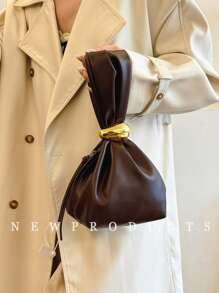 low tea 1pc Solid Color PU Leather Handbag For Women, Personalized Mini Cloud Pleated Bag With Metal Decor Zipper Closure, Suitable For Daily And Outing Use - Coffee - View 6