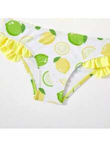 Traje de baño para niñas, traje de baño halter amarillo con tirantes ajustables, estampado de limón fresco, bikini con hombros descubiertos, traje de baño de dos piezas para niñas. - Amarillo - Ver 5