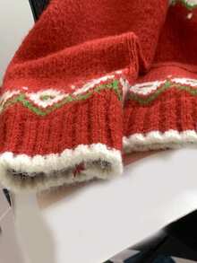 JIANHU 节日风连帽开衫，带有节日花卉和条纹针织图案，非常适合圣诞节和冬季庆祝活动 - 紅色 - 查看 10