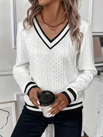 Women's Solid Color Polyester Herringbone Ribbed Contrast Trim V-Neck Sweatshirt, Suitable For Daily Wear, Dates, And Home, Autumn/Winter