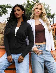 Women's Long Sleeve Knitted Zip-Up Lightweight Sweater Cardigan, Sweatshirt 85EQ - Màu xanh lam - Xem 3