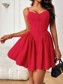 WOWDARK 女士秋季连衣裙，圣诞时尚红色纽扣设计吊带A字连衣裙