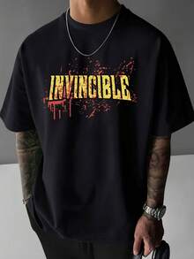 Men's Light Blue Relaxed Fit Graphic T-Shirt - Bold Yellow "INVINCIBLE" Letter Print With Red Splatter Design, Casual Summer Short Sleeve Tee, Machine Washable, Ideal Gift For Men, Casual Attire,  Look, Nonsheer Fabric - màu đen - Xem 7
