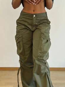 Women's Y2K Streetwear Flap Pocket Strap Detail Loose Casual Wide Leg Parachute Cargo Pants - Army Green - View 4