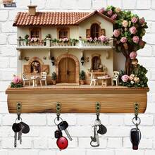 2D 平面，1 件乡村风格木制多功能家用钥匙架，带 4 个金属挂钩，墙壁装饰，门廊装饰，房间装饰，别墅装饰，四季家居装饰，2D 平面印刷工艺品（附产品视频，请先观看） - A - 查看 4