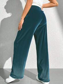 Pantalones de terciopelo para mujer, cintura alta, pierna ancha, casual, con cordón, terciopelo, con bolsillos - Verde - Ver 3