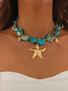 1pc Bohemian Style Ocean Inspired Star Pendant Necklace With Blue-Green And Gold Beads - Versatile Women's Accessory For Vacation, Party, Casual Wear - Durable Year-Round Gift, Charm Necklace, Ocean Themed Jewelry, Stable Color Beads, Holiday Gift - Multicolor - View 1