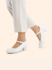 Women's Pumps Low Chunky Mary Jane Heels Closed Round Toe Solid Color Comfortable Dating Work Dress Shoes - 白色 - 查看 11