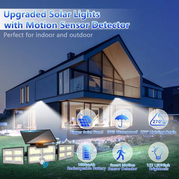 Zintegrowana, wielogłowicowa lampa ścienna solarna do użytku na zewnątrz, 270°, szerokokątna, 122 białe diody LED, niezależne oświetlenie panelowe z trzech stron, wodoodporność IP65, trzystopniowe ściemnianie, odpowiednia do wielu scenariuszy w ogrodzie, idealny prezent dla Twojej rodziny