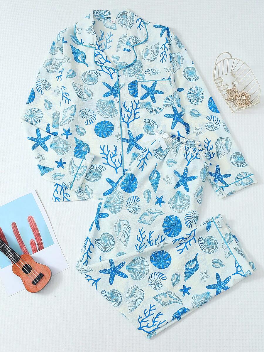Set de pijamale 2 buc pentru femei cu imprimeu de scoici și stele de mare, top și pantaloni cu guler cu nasturi și mânecă lungă, pijamale casual pentru casă, costum de toamnă/iarnă, haine de toamnă