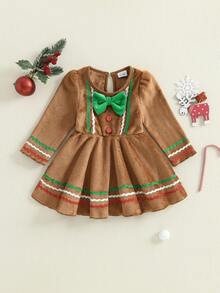 Toddler Baby Girl Christmas Dress Gingerbread Man Velevt Ruffle Dress Long Sleeve Tutu Dresses Christmas Outfit - 卡其色 - 查看 6