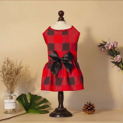 1pc Pet Apparel Dress, Plaid Bow Tie Design, Suitable For Cats And Dogs, All Seasons