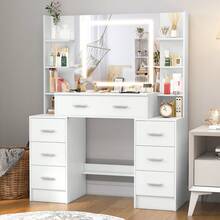 Extra Large Dressing Table W/LED Lights Mirror 7 Drawer White Vanity Makeup Desk - White - View 7
