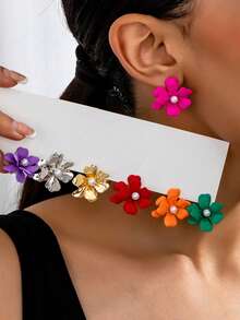 1 Pair Asymmetrical Geometric Floral Faux Pearl Inlaid Vintage Exaggerated Earrings For Women - Silver - View 3