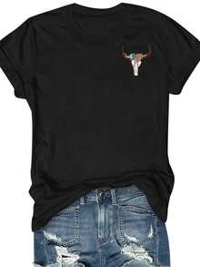 Wild Flowers & Wild Horses Print Round Neck T-Shirt, Casual Daily Short Sleeve Tee For Music Festival - Black - View 2