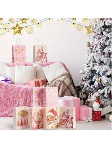 6pcs Pink Paper Gift Bags With Handles, Birthday Party Favor Bags, Decorative Wrapping For Gifts, Suitable For Parties, Holidays, Christmas, Thanksgiving, New Year