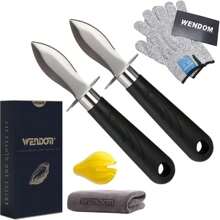 WENDOM Oyster Knife Shucker Set Oyster Shucking Knife And Gloves Cut Resistant Level 5 Protection Seafood Opener Kit Tools Gift(2knifes+2Glove+1Cloth)